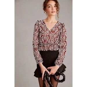 Anthropologie Burgundy Jacquard Peplum Balloon Sleeves Sheer Blouse Boho 70s XS